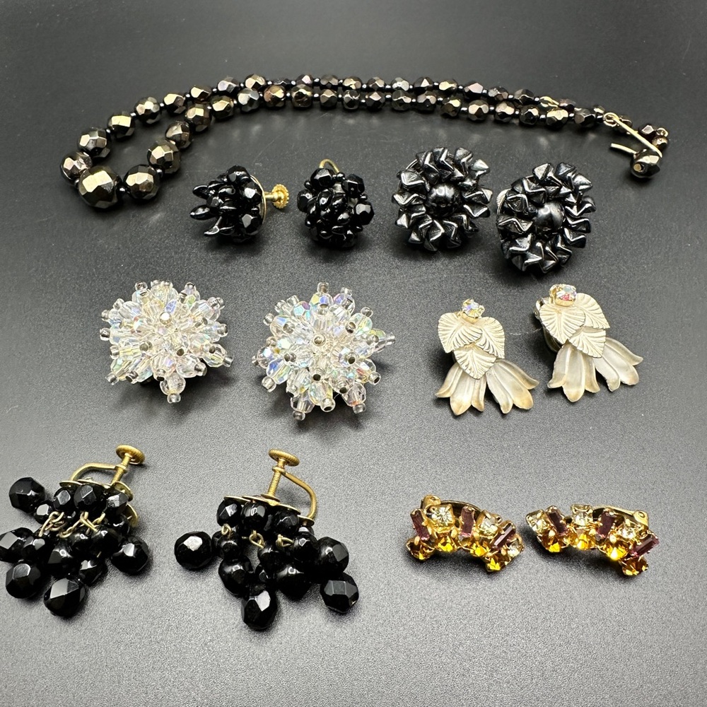 Lot of 7 Vintage signed West Germany Black beaded Gold Tone Earrings & Necklace